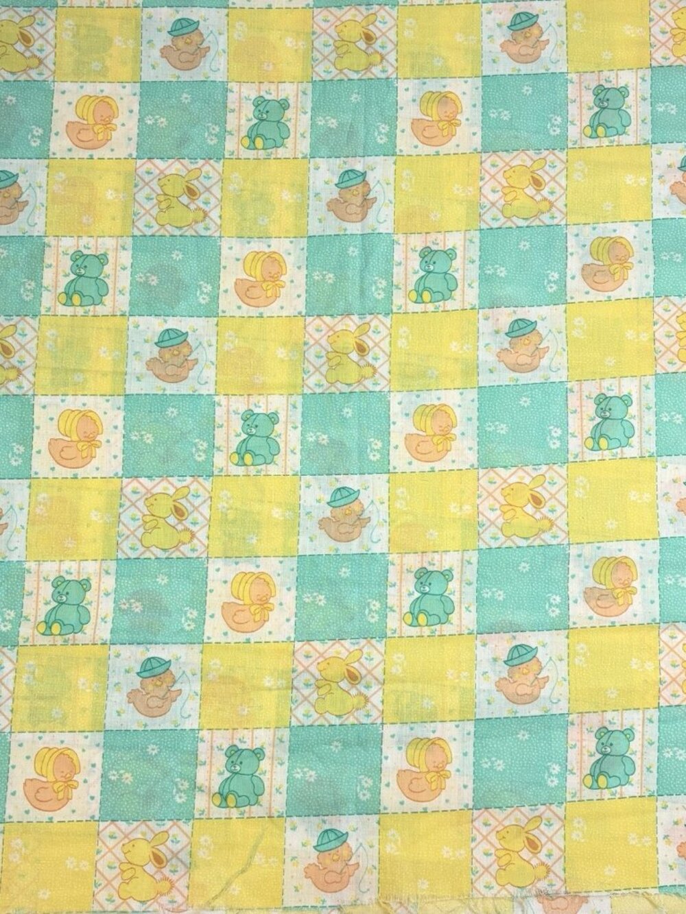VTG Novelty Fabric Yellow Animals Duck Bear Bunny Nursery Teal Yellow 1.44 Yards